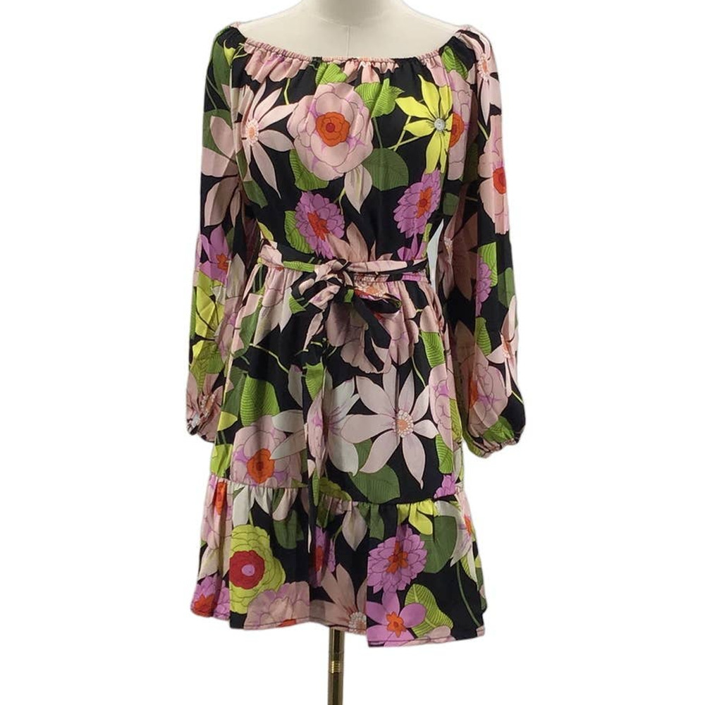 AAKAA SZ S pink floral off shoulder long sleeve ruffle mini dress NWT B144